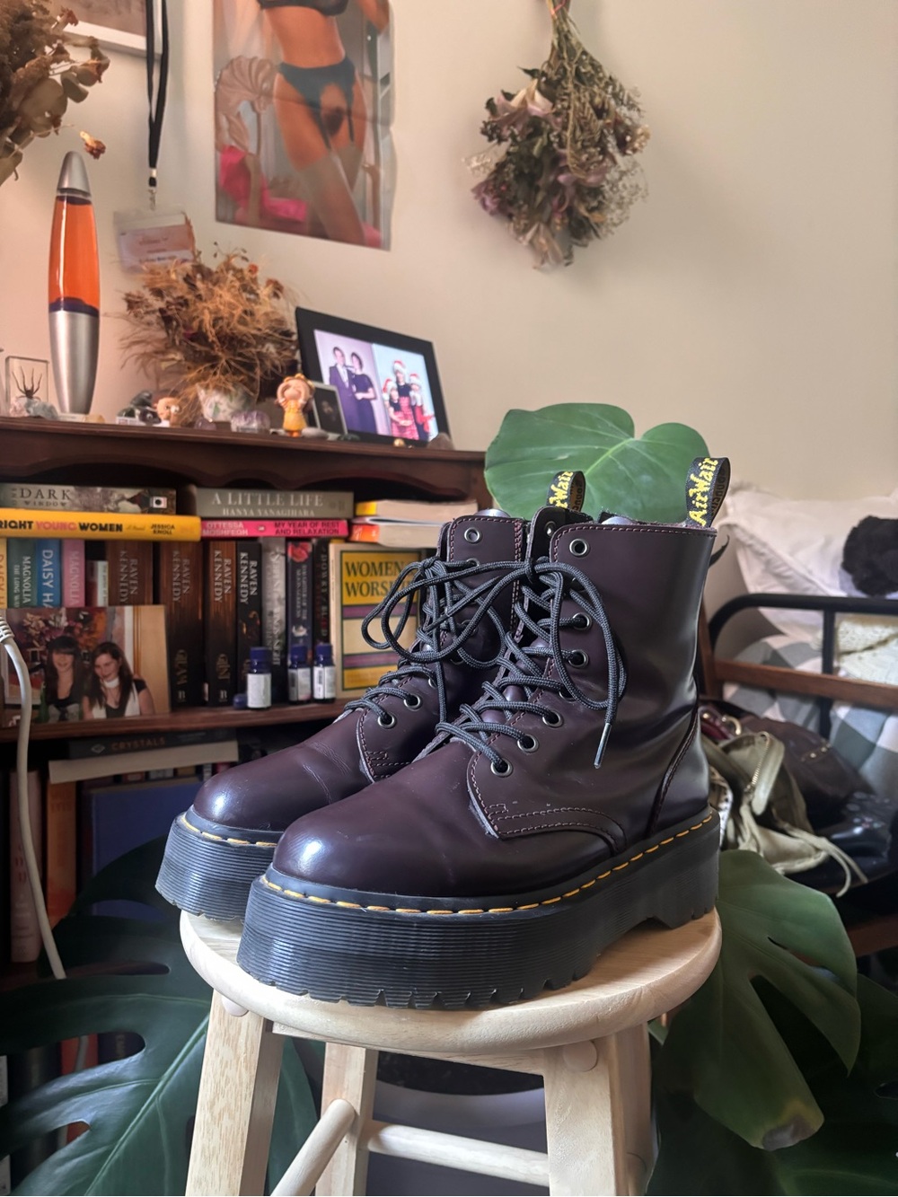 Dr. Martens Jadon Smooth Leather PlatformBoots in Burgundy with Yellow Stitching